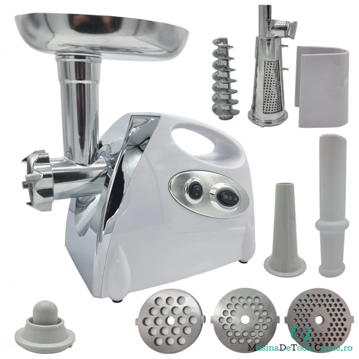 Masina de tocat carne 4 in 1 Mencoza, Ural, 3000W, accesoriu suc de rosii, carnati, chitfele, 3 site, functia revers, motor cupru